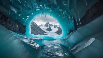 Exploring Ice Cave with Mountain View and Water Flowing Through photo