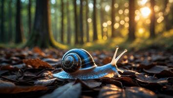 Snail Crawling on Forest Floor in Evening Sunlight with Fallen Leaves photo