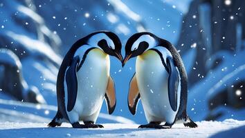 Penguins Touching Beaks During Snowfall in Winter Landscape Setting photo
