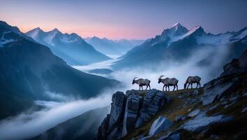 Mountain Ibex on Rocky Cliff Overlooking Foggy Valley at Dawn photo