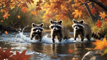 Raccoons Wading Through Shallow Stream During Autumn with Falling Leaves photo