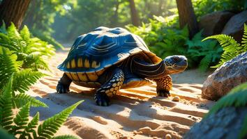 Turtle Walking on Sandy Path Surrounded by Forest Ferns and Rocks photo