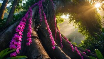 Orchid Flowers Cascade Down a Giant Tree in Lush Jungle Setting photo