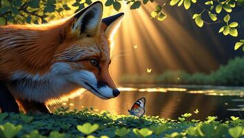 Fox Watching Butterfly by Lake in Sunlit Scene with Clover photo