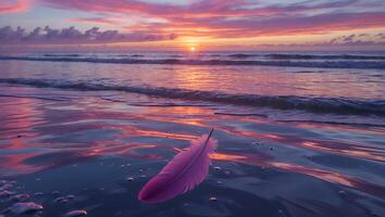 Feather Floating on Beach Water at Sunset Reflecting Colorful Sky photo