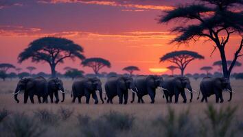 Elephant Herd Walking Across Savannah at Sunset Silhouette with Trees photo