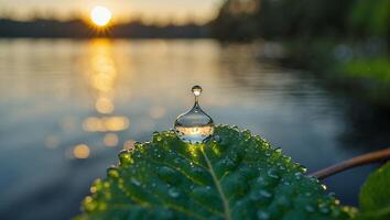 Water Drop on Leaf with Sunset Reflection Over Lake Water photo