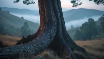 Large Tree Trunk with Roots on Misty Landscape at Dusk photo