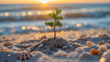 Small Tree Growing on Sandy Beach with Seashells at Sunset photo