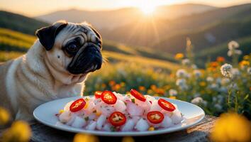 Dog Gazing at Ceviche Plate in Golden Hour Field Setting photo