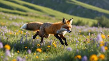 Fox Running Through a Flower Meadow with Green Hills Backdrop photo