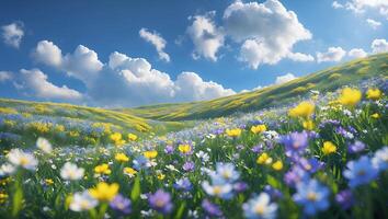 Blooming Meadow Under Cloudy Sky Vibrant Flower Field Landscape photo
