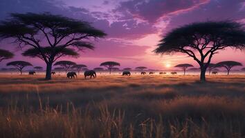 Elephants Grazing at Sunset with Silhouette Trees in Open African Landscape photo
