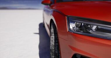 CGI Close view of an orange vehicle on a snowy landscape under a clear sky video