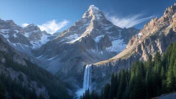 Waterfall Cascading From Snowy Mountain Peaks Into Forest Landscape View photo