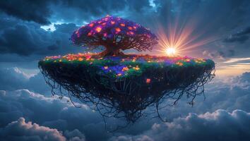 Floating Island with Blossoming Tree Above Clouds at Sunset photo