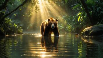 Bear Walking Through Water with Sun Rays in Lush Forest photo