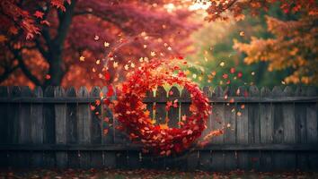 Falling Leaves Whirlwind Near Wooden Fence with Autumn Trees Background photo