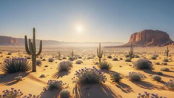 Exploring Desert Landscape with Cacti, Wildflowers, and Distant Mesa photo