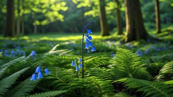 Bluebell Flowers Blooming Among Green Ferns in a Forest Meadow photo