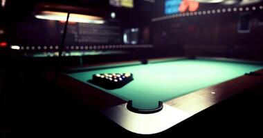 CGI Pool table ready for a challenging game in a dimly lit bar setting video