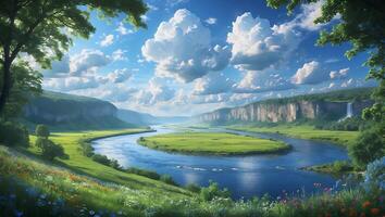 Scenic River Meandering Through Lush Green Valley Under a Cloudy Sky photo