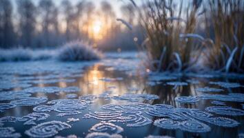Frozen Pond with Ice Patterns Reflecting Sunrise in a Winter Landscape photo