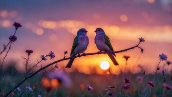 Two Birds Perched on Branch at Sunset with Flower Field photo