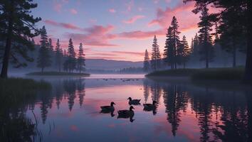 Ducks Swim Lake at Dawn with Forest Reflection and Pink Sky photo