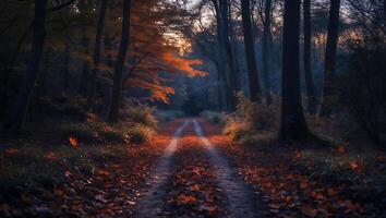 Pathway Through Forest with Autumn Leaves and Sunlight at Sunset photo