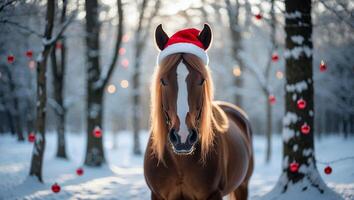 Festive Horse Wearing Santa Hat in Snowy Winter Forest Scene photo