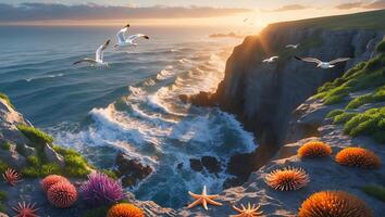 Ocean Cliff View at Sunset with Birds Flying Over Waves photo