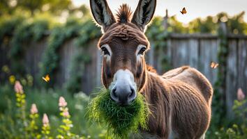 Donkey Eating Grass in a Lush Field with Butterflies Flying photo