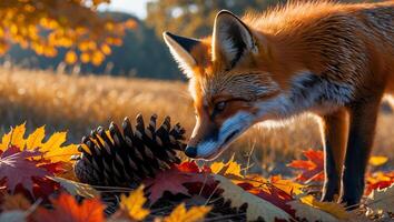 Fox Sniffing Pinecone Among Colorful Autumn Leaves in Golden Light photo