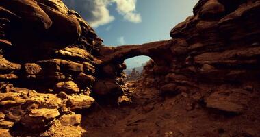 CGI Explore scenic rock formations under a clear sky in a desert landscape video