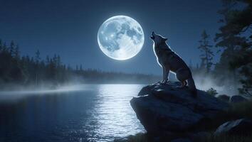 Lone Wolf Howling at the Full Moon Over Calm Lake photo