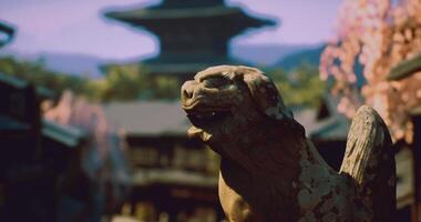 CGI Ancient stone guardian at a tranquil temple surrounded by cherry blossoms video