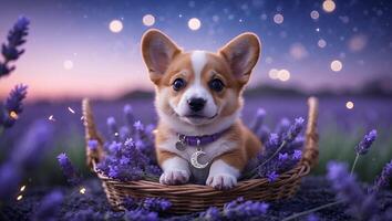 Corgi Puppy Sitting in Lavender Basket Under a Starry Night photo