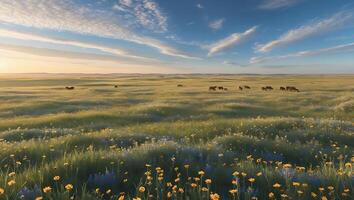 Cows Grazing in Open Meadow with Wildflowers Under a Cloudy Sky photo