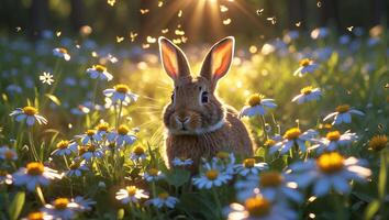 Rabbit Sitting in Meadow of Daisies with Sunlight Streaming Through photo