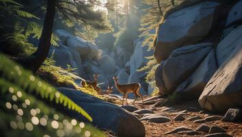 Deer Family in Sunlight Glade Along Stone Trail in Forest photo