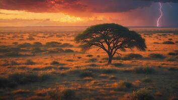 Lone Tree on Savannah Plains with Dramatic Sunset and Lightning photo