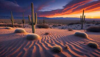 Cactus Landscape at Sunset with Dramatic Sky and Desert Sand photo