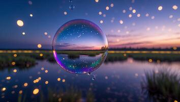 Soap Bubble Reflects Sunset Colors Over Tranquil Water Landscape Scene photo