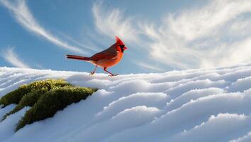 Cardinal Bird Walking on Snow Covered Ground with Blue Sky photo
