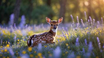 Fawn Resting in a Meadow of Purple and Yellow Wildflowers photo
