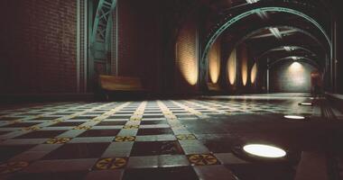 CGI Underground corridor with patterned tiles and soft lighting in urban space video