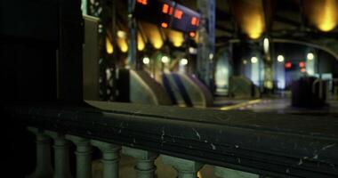 CGI Nighttime view of an urban subway station with illuminated signs and escalators video