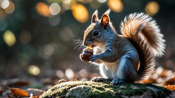 Squirrel Enjoying Acorn on Mossy Ground in Autumn Forest Sunlight photo