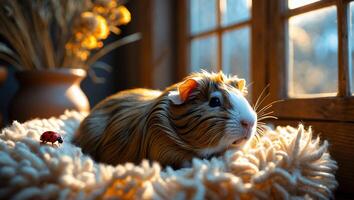 Guinea Pig Relaxing on Fluffy Blanket Near Window with Ladybug photo